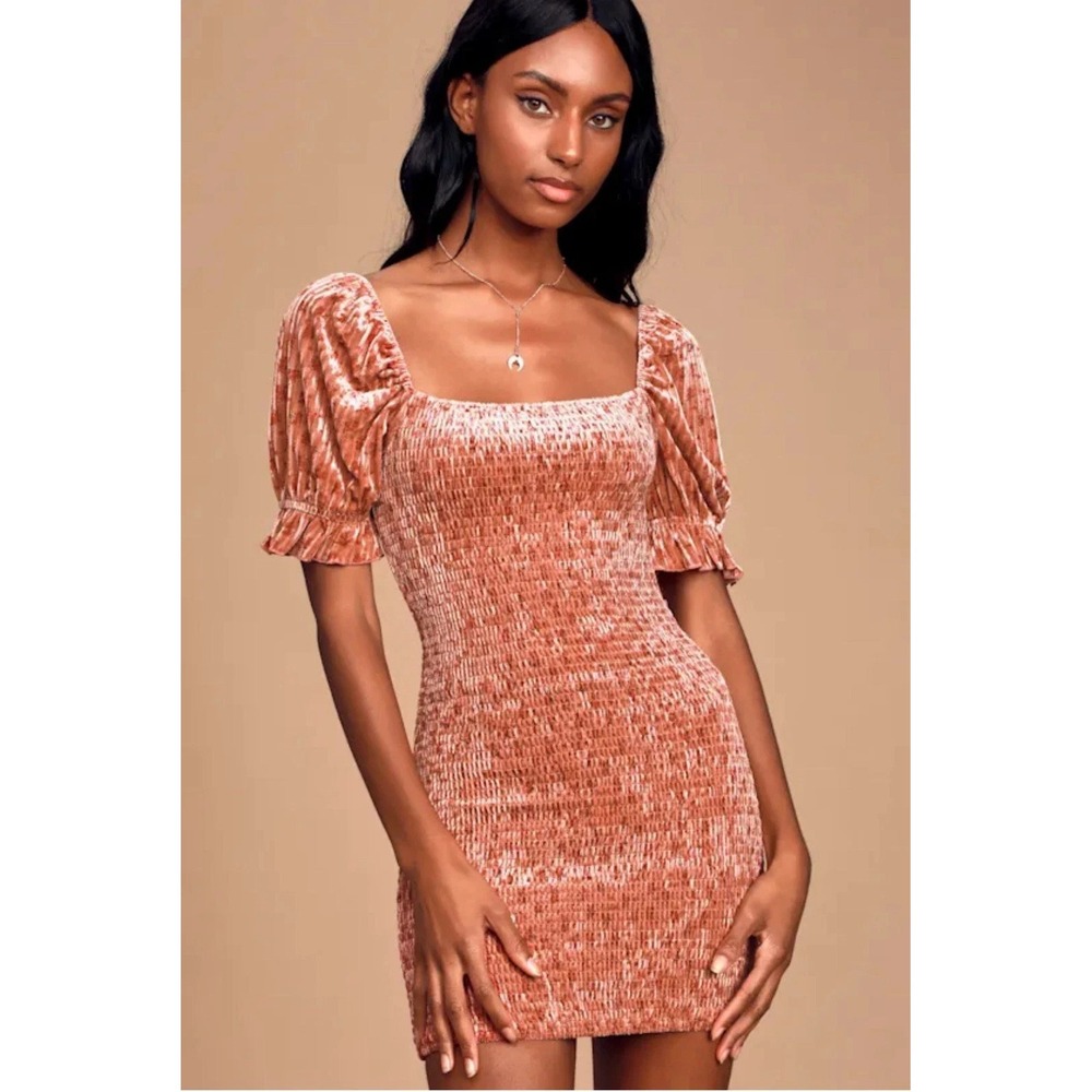 Lulus Dress Womens XL My Fleur-ever Rusty Rose Smocked Puff Sleeve Mini Romantic